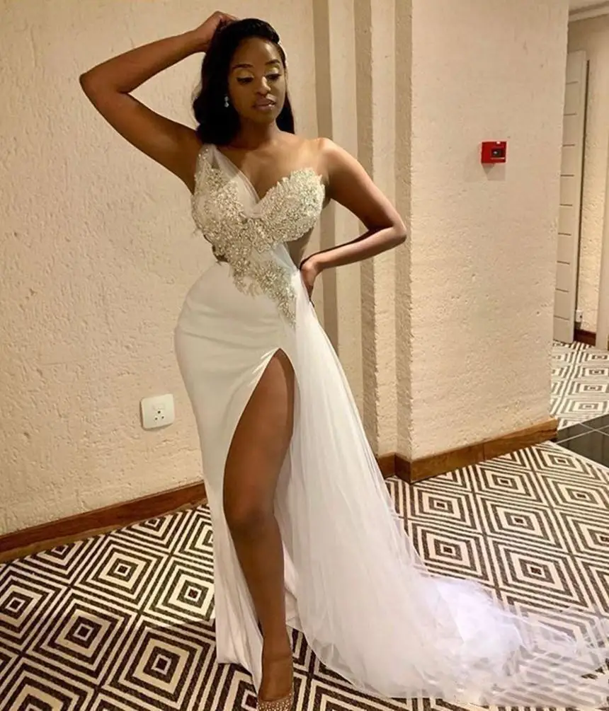 

Sexy V Neck Mermaid Wedding Dress High Split South African Wedding Gowns Appliques Beads Tulle Bridal Dress