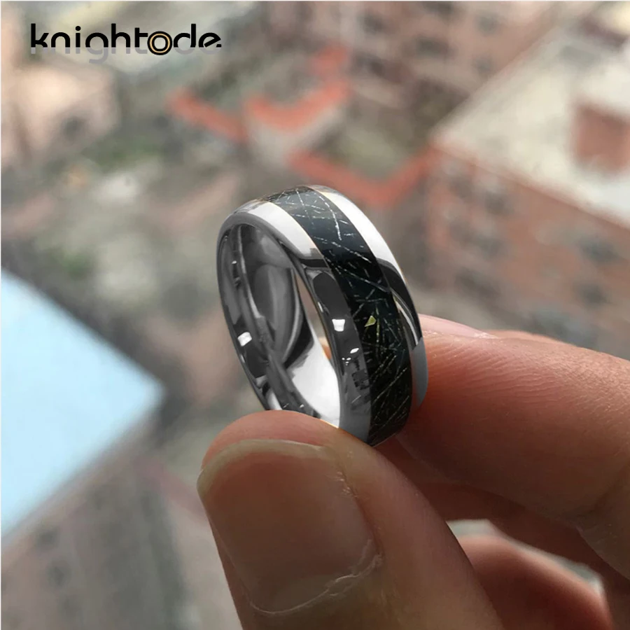 Кольцо из карбида вольфрама 6 мм 8 высокая полировка черный метеорит инкрустация