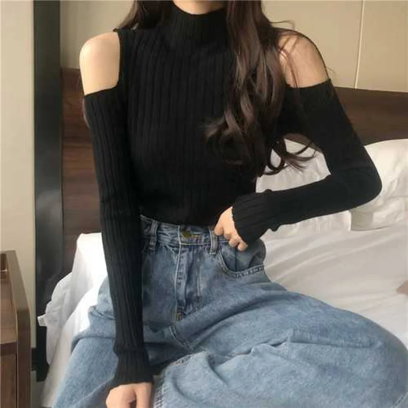 Sweater Women Turtleneck Off-shoulder sexy knit Orange short sweater 2020 Winter jumpers elegant solid Full slim pullover tops | Женская