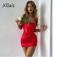 xllais satin sexy women summer dress mini nigh club birthday wedding party red bodycon dress robe vestidos chest wrapping