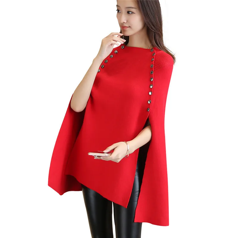 Женское двубортное пончо свободное вязаное черное пальто с рукавами летучая