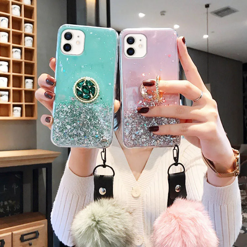 

For iPhone 12 Pro Max Mini Case iPhone 11 Pro Max Glitter Ring Holder Cover For iPhone XR XS Max X 7 8 6 6S Plus SE 2020 Covers