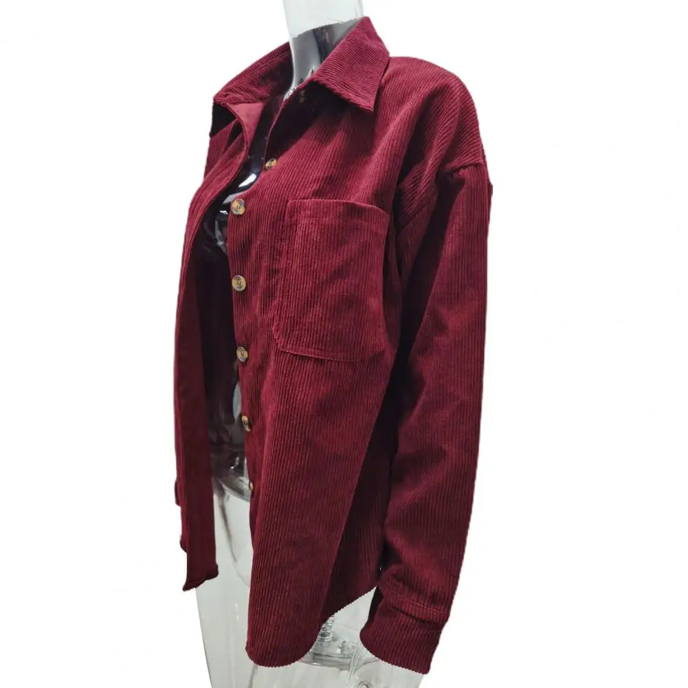 

Women Long Sleeve Solid Color Shirt Coat Skin-friendly Pockets Turn-down Collar Corduroy Shirts Female Outwear Streetwear