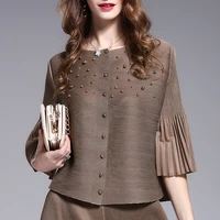changpleat women spring and autumn beaded short coat miyak fold fashion plus size round neck flared sleeve cardigan