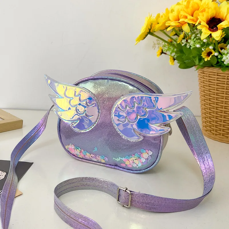 

2021 Brand New Little Girls Zipper Shoulder Bag Toddlers Sweet Style Creative Wing Decoration Drift Sand Laser Messenger Bag