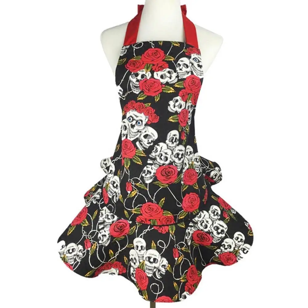 

SISHION Retro Cotton Vintage Apron SP1562 Halter Black Rose Skull Printed Floral kitchen Aprons for Women Lace Up