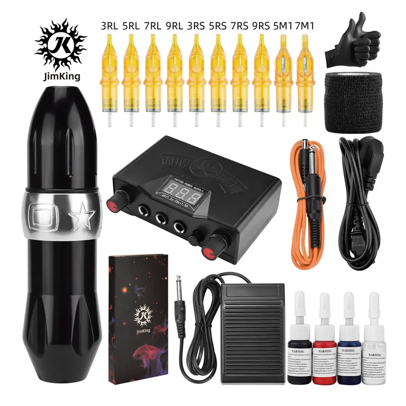 Complete Rotary Tattoo Pen Machine Kit with Cartridges Needles Power Supply Color Inks Permanent Makeup Pen