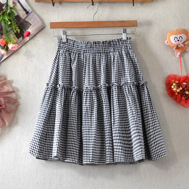 

Женская клетчатая мини-юбка, универсальная трапециевидная мини-юбка в стиле колледжа с эластичным поясом и прострочкой в виде листьев лото...