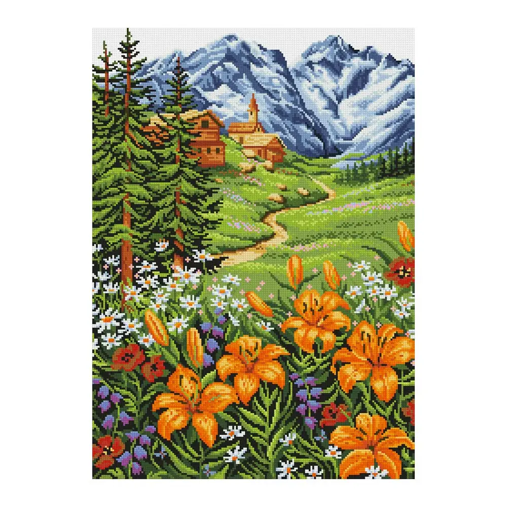 

Alpine Meadow Flower Cottage Diamond Painting Round Full Drill DIY Mosaic Embroidery 5D Cross Stitch Floral Scenic Picture