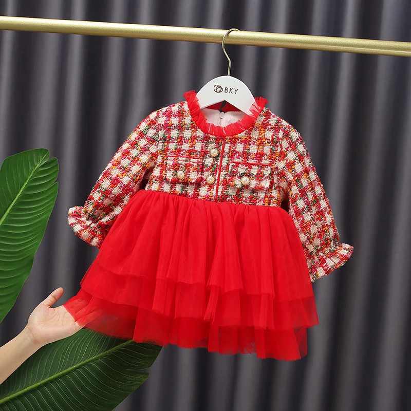 

Winter Baby girl sweet red tutu Dress thick plaid mesh dress child Long sleeve princess dress Kids