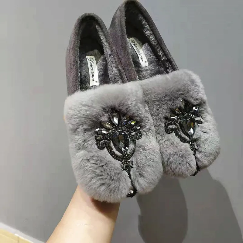 Brand Rhinestone shoes espadrilles comfy real fur flat moccasins women design winter slip on loafers plus size 42 plush creepers | Обувь