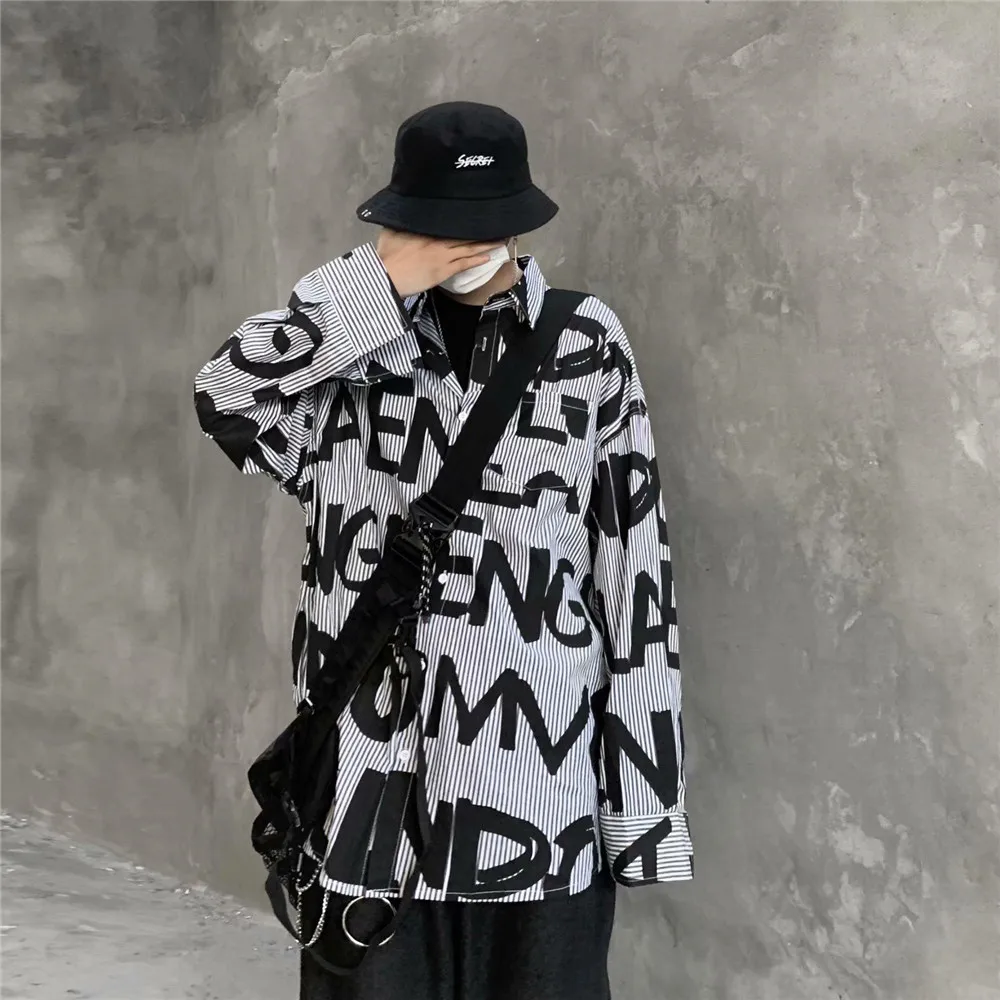 

Cool Hip Hop Letter Print Shirts Men Casual Autumn Loose Shirt Daily High Street Male Harajuku Loose Tops Punk Funny Shirt Male
