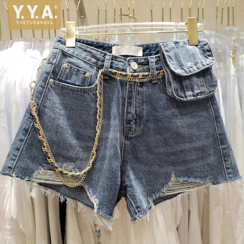 

Шорты-карго женские рваные с завышенной талией и широкими штанинами