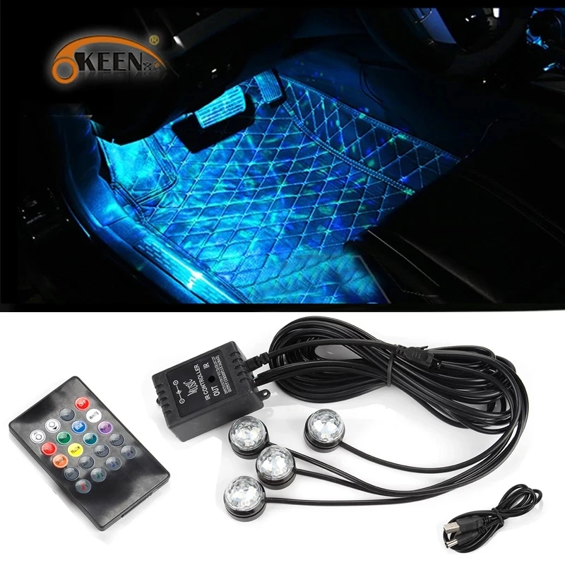 

Car Interior Atmosphere Light Mini USB Foot Light Ambient Lamp With Wireless Remote Music Control Multiple Modes Night Driving