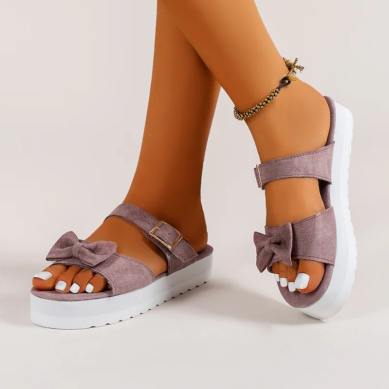 

Summer Women Casual Sandals Solid Flock Bow-tied Buckle Strap Decoration Slip on Flat Platform Thick Non Slip Sole Shoes Ladies