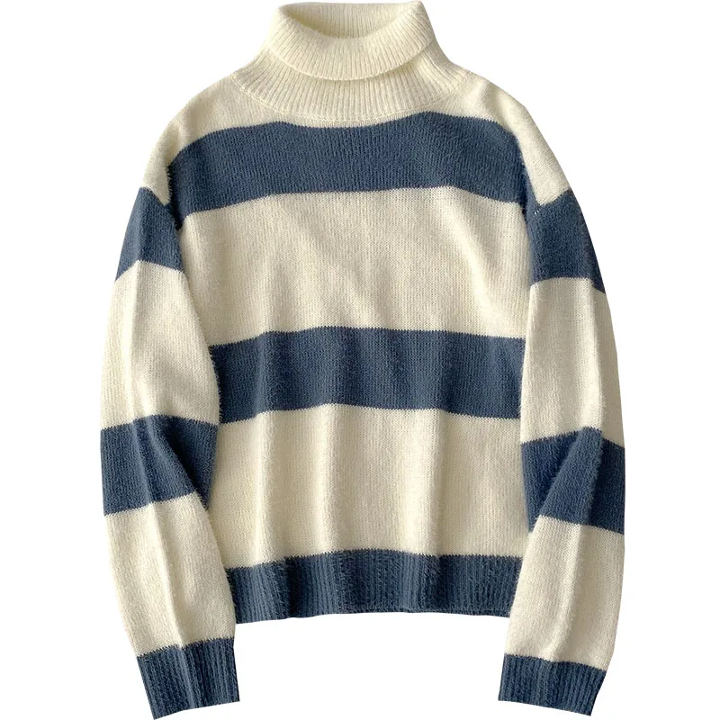 

Yeeloca Striped Round Neck Sweater + Lazy Loose High Neck Sweater Spring Casual Knitted Pullovers Korean Thickened Warm Top
