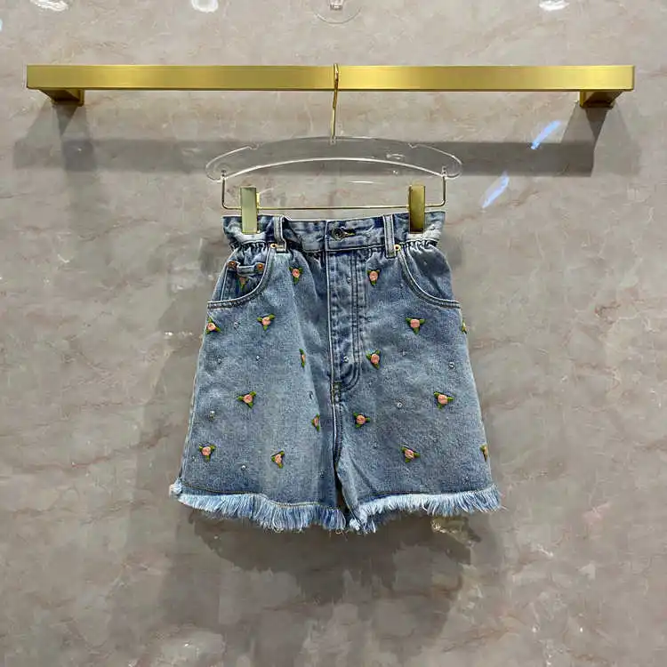 

Женские джинсовые шорты с цветочной вышивкой, джинсовые шорты с эластичной талией и кристаллами, лето 2021