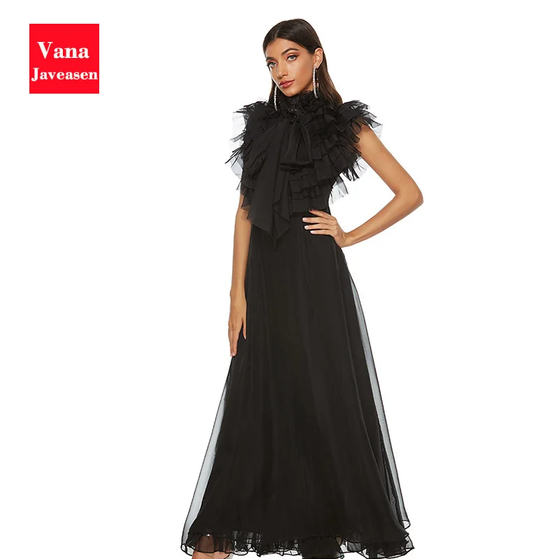 

Party Bow Collar Cascading Ruffles Floor-length Dress Elegant Women Chiffon Maxi Dress Slim High Waist Chic Vestidos Robes