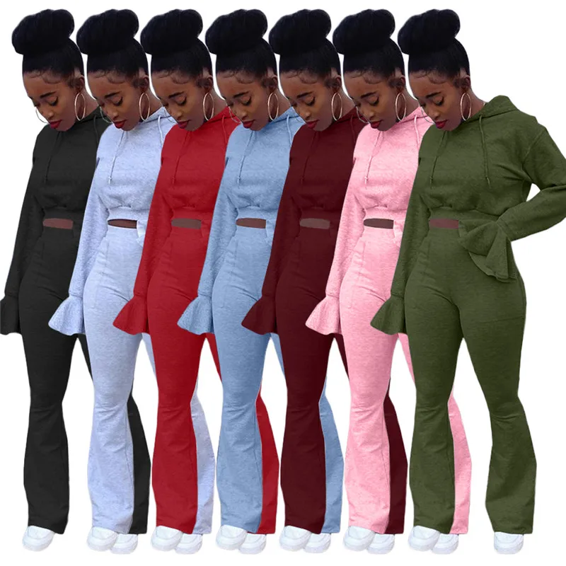 

Autumn Winter Women Sportswear Outdoor Casual Sports Solid Two Piece Set Hooded Flare Sleeve Top and Pants Tracksuit 2Pcs Outfit