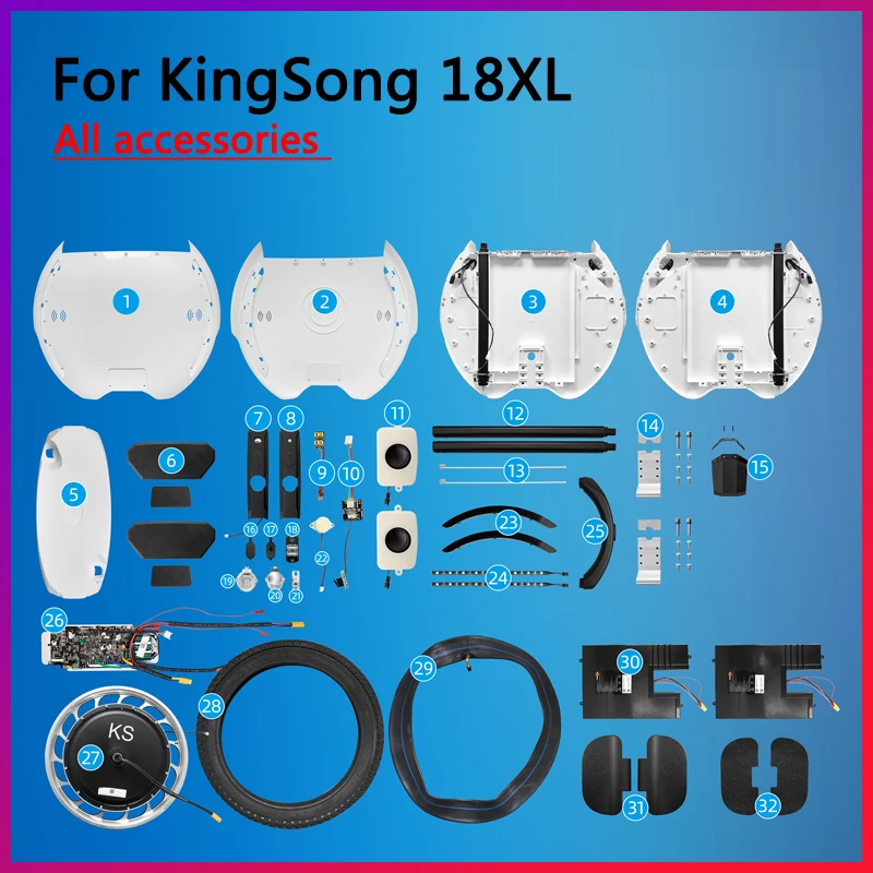 

Аксессуары для одноколесного велосипеда Kingsong 18XL, крышка, ручка, верхняя часть, передняя фара, задняя фара, динамик, тележка, мотор, шина, труб...