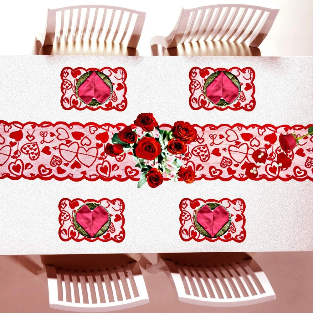 Red Heart-Shaped Valentine's Day Lace Fabric Tablecloth Wedding Party Dining Table Romantic Decoration mat Kitchen Placemat | Дом и сад