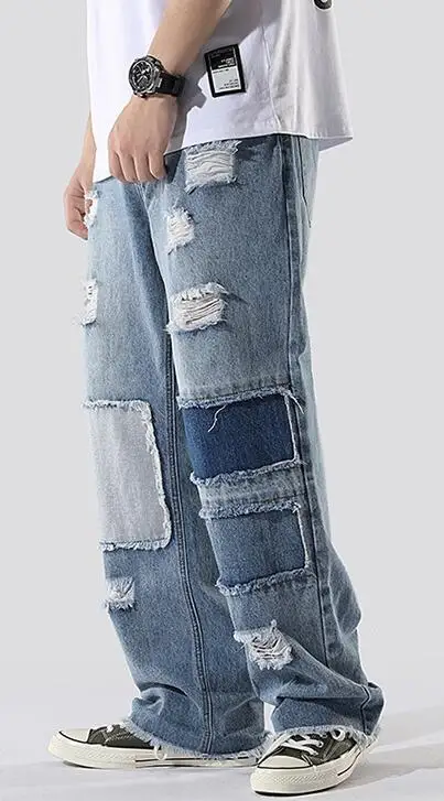 Men Streetwear Denim Pant Men Beggar Baggy Jeans Men's jeans hole Hip hop patch jeans Ripped Knee Jeans
