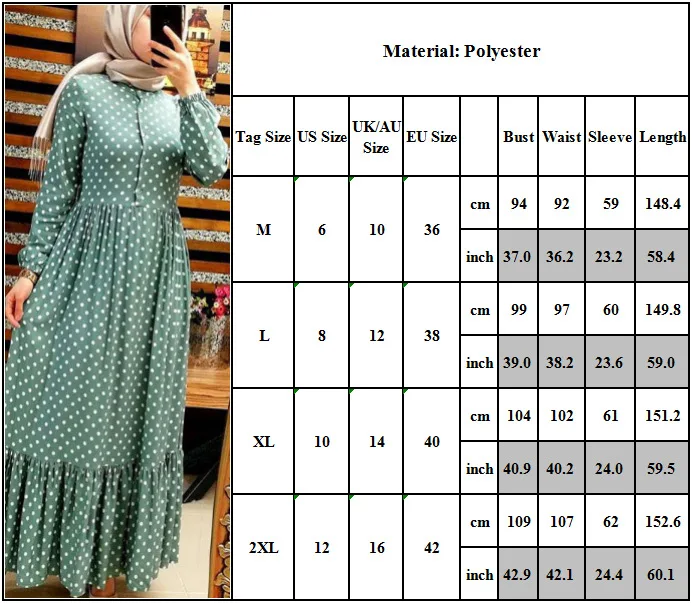 

Donsignet Muslim Dress Polka Dot Ruffled Pleated High Waist Long Sleeve Muslim Fashion Dubai Abaya Turkey Long Dress Women