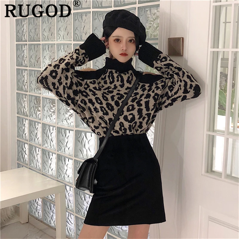 RUGOD Vintage leopard sweater women Elegant off shoulder turtleneck knitted sweaters female 2019 Fashion Slim pullovers outwear | Женская