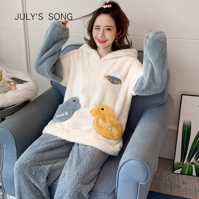 JULY'S SONG теплая зимняя женская одежда для сна, Фланелевая пижама с героями мультфильмов, осенняя Толстая Пижама, женская ночная одежда