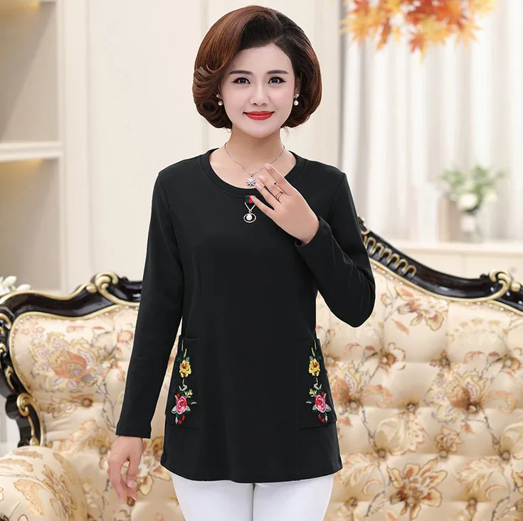 warm tops fall winter women thick long sleeves t-shirts velvet jersey plus size middle age mother shirt pulloves bottoming shirt - Цвет: black 1166