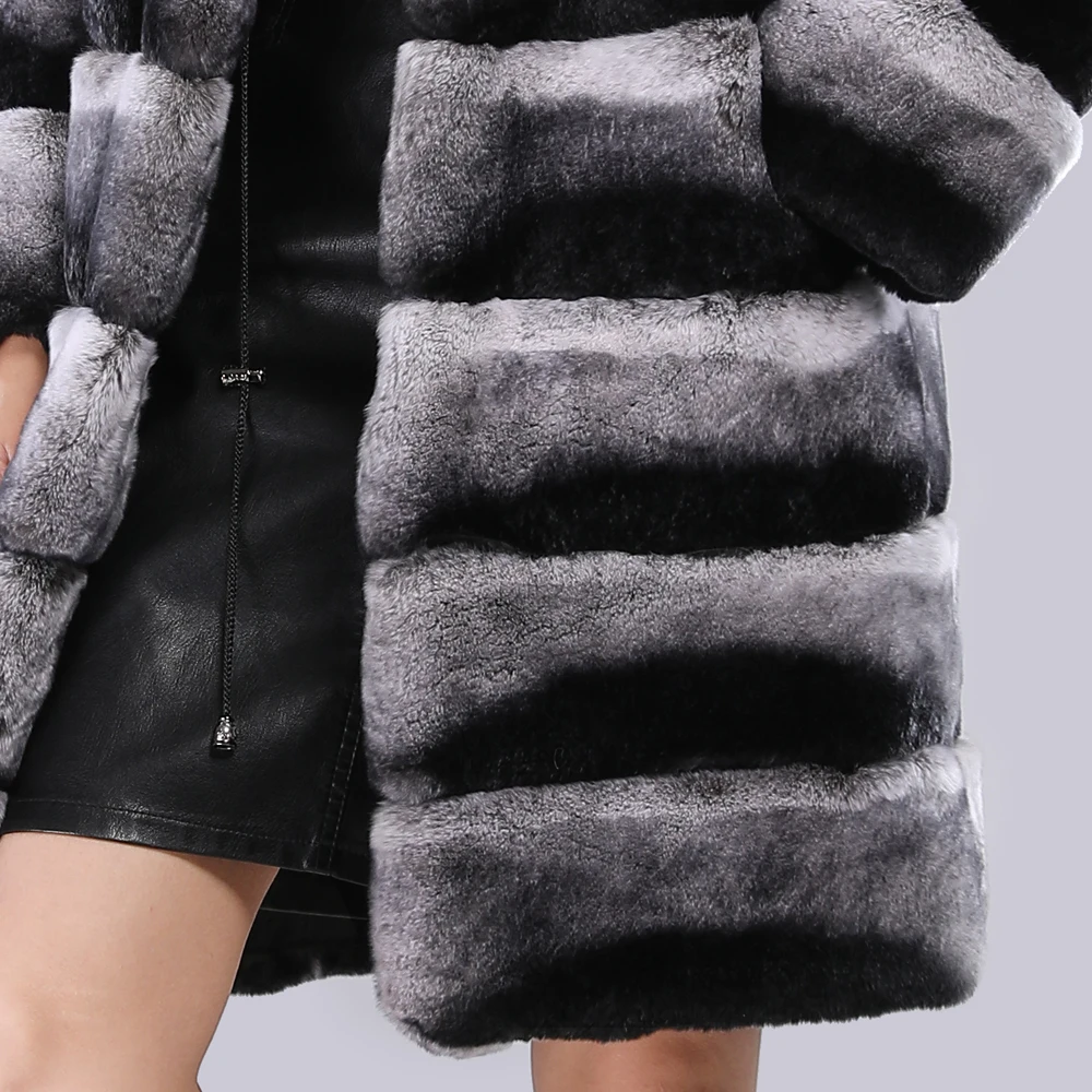 Женская Шуба из натурального меха шиншиллы полосатая шуба кролика Рекс с