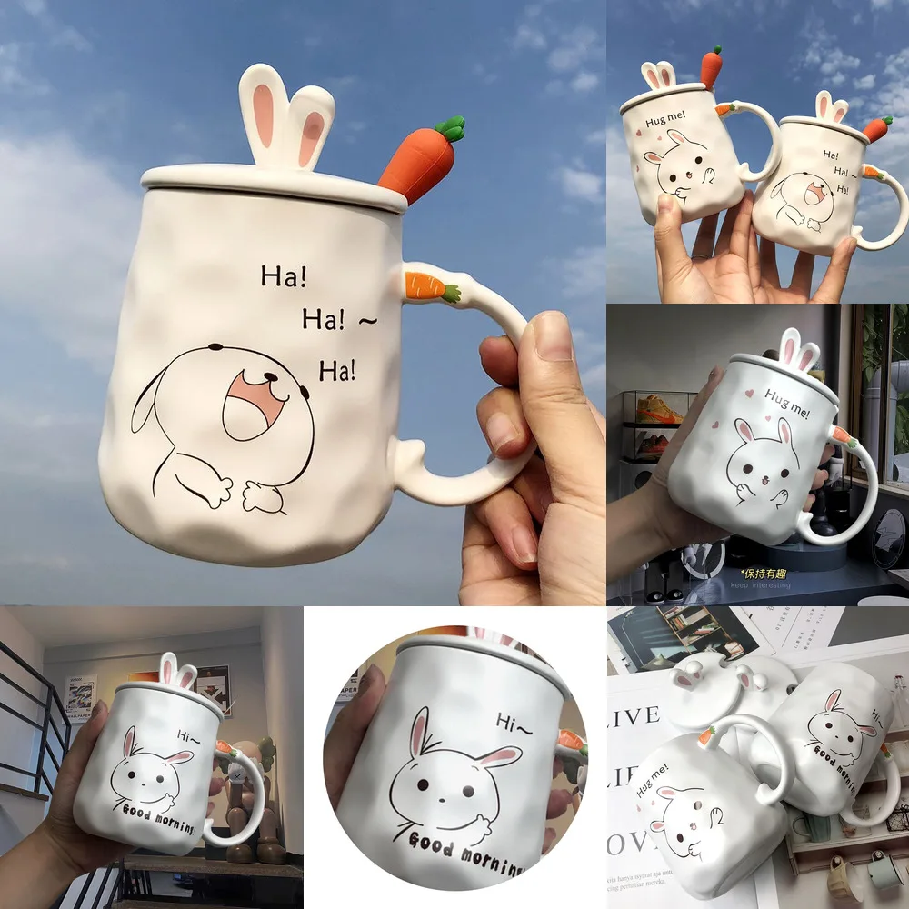 

420ml Cartoon Rabbit Coffee Mug Creative Cute Couple Cup Milk Cup Office Cup With Lid Spoon Girl Gift Ceramic Cup