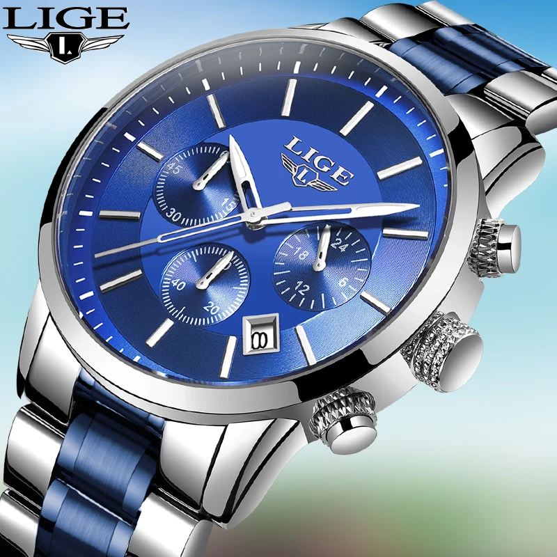 Reloj hombres LIGE оригинальные брендовые новые мужские часы с серебристым синим