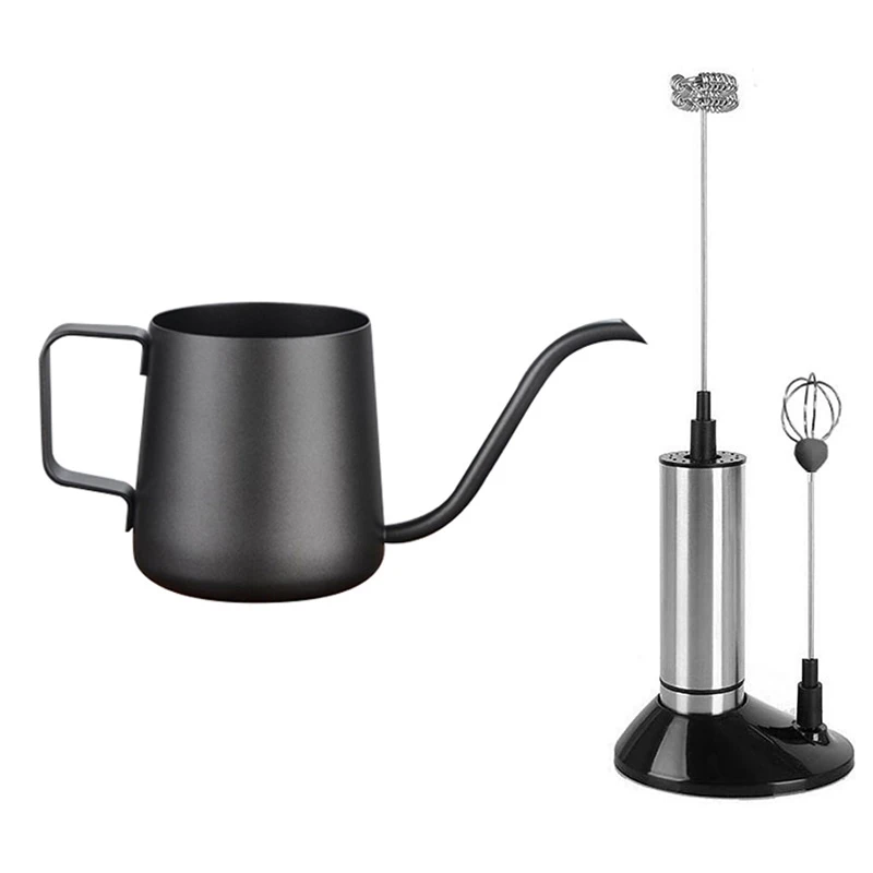 

1 Pcs 250Ml Long Mouth Hand Coffee Pot & 1 Set Electric Hand-Held Milk Frother Whisk