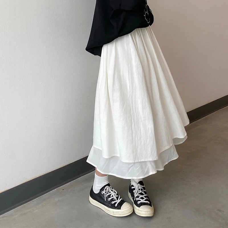 

high elastic waist Long Skirts Woman 2021 Autumn Winter solid color White A-line pleated Skirts womens