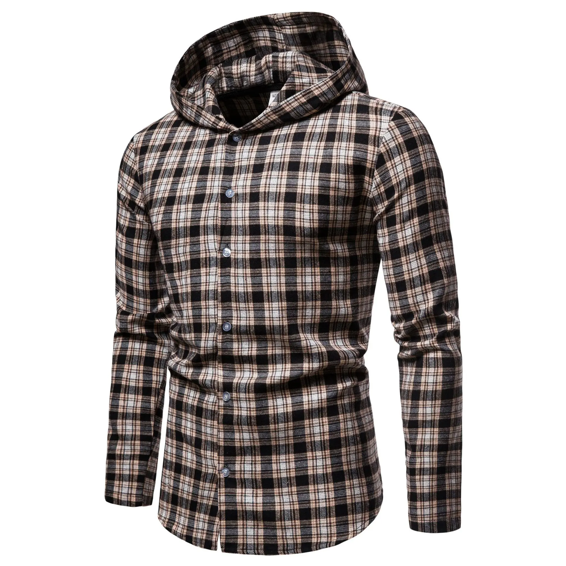 

S-2XL 2021 Men's Fashion Striped Plaid Hooded Shirts Splicing Button Up Mens Work Leisure Long Sleeve Slim Fit Cotton Shirt