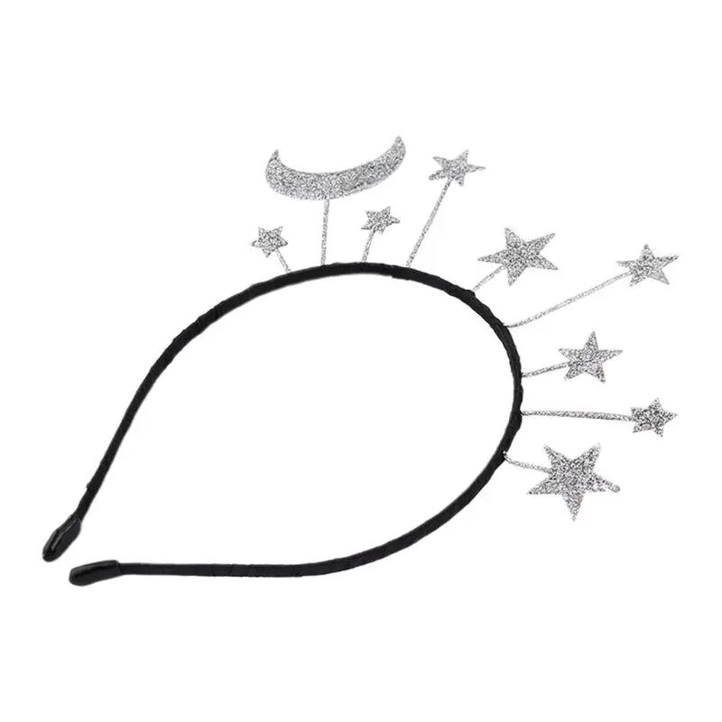 

Princess Girl Halloween Party Crown Headband Glitter Powder Moon Star Charms Metal Alloy Hair Hoop Birthday Tiara Headpiece