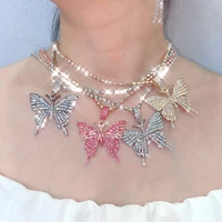 flatfoosie new bling crystal butterfly pendant necklace for women rock fashion four colors animal rhinestone party jewelry gift