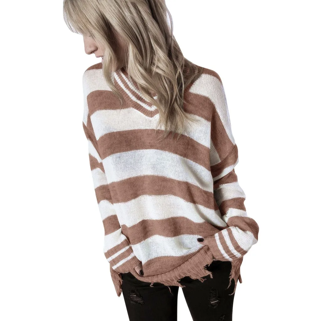 Autumn winter knit sweater women Striped V Neck Pullover Long Sleeve Tassel Hollow Knit Sweaters Jumper Tops jersey mujer#guahao | Женская