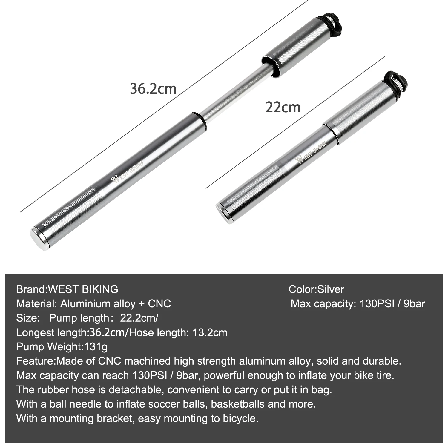 WEST BIKING велосипедный насос высокого давления 160psi алюминиевый воздушный Presta Schrader