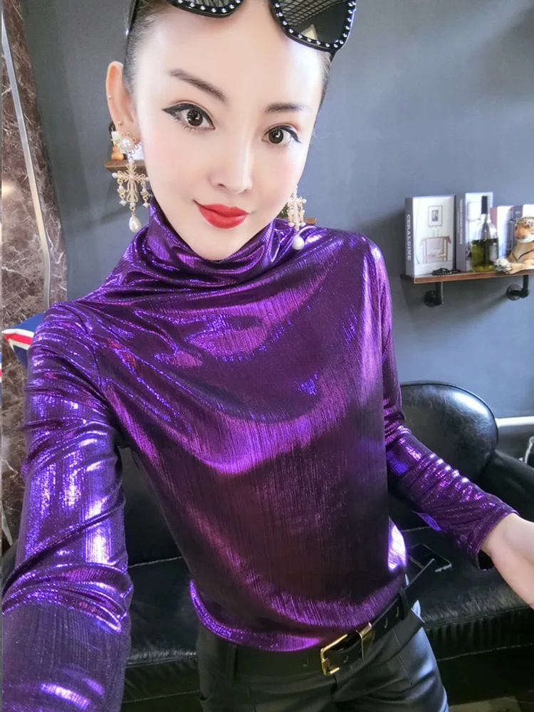 Модные женские пуловеры с воротником хомут из искусственной кожи блестящие