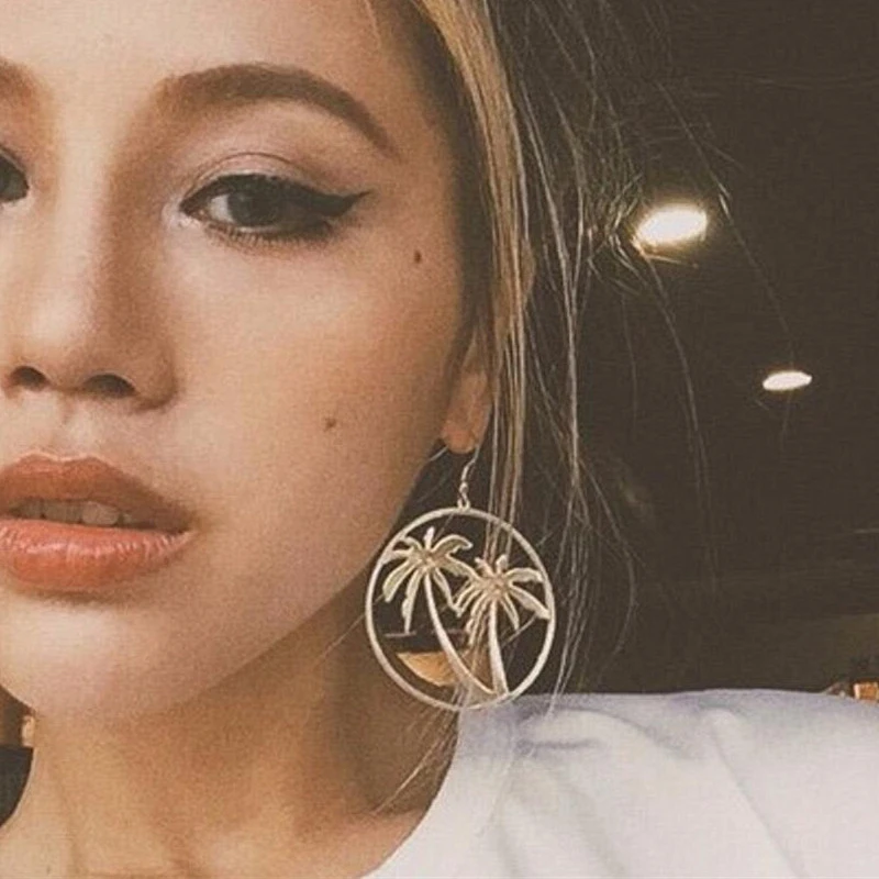 Женские золотые большие серьги тропические кокосовые пальмы геометрические