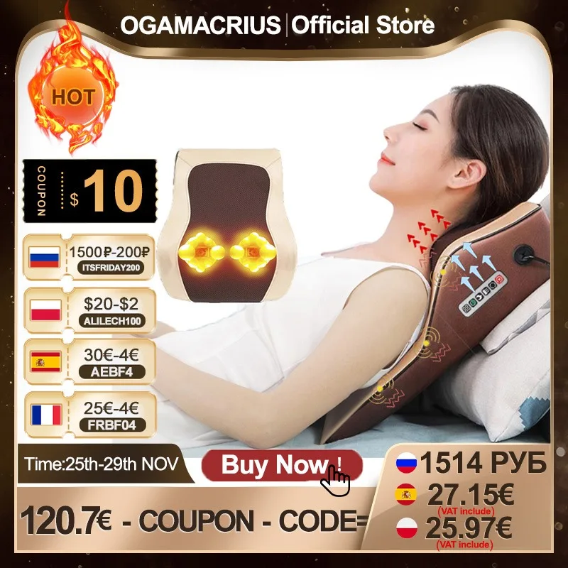 Ogamacrius-masajeador de cuello eléctrico Shiatsu, almohada de masaje de cuerpo completo para coche,