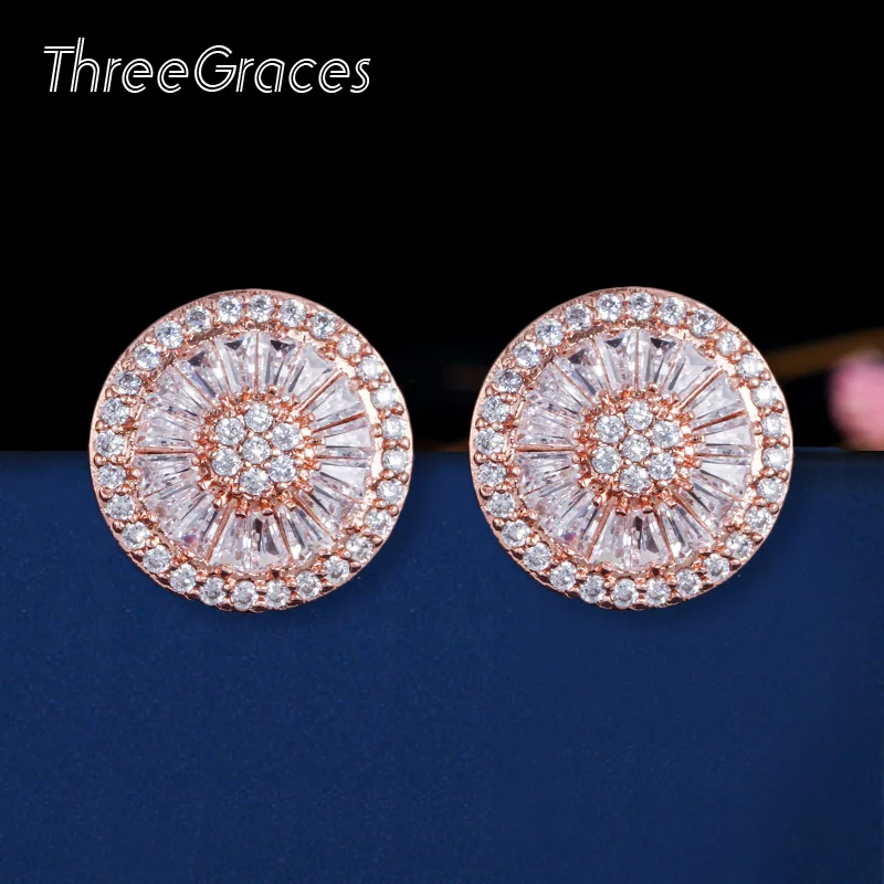 ThreeGraces великолепные CZ Камень Модные ювелирные изделия Pave Установка кубического циркония розовое золото цвет большие серьги гвоздики для женщин подарок ER288