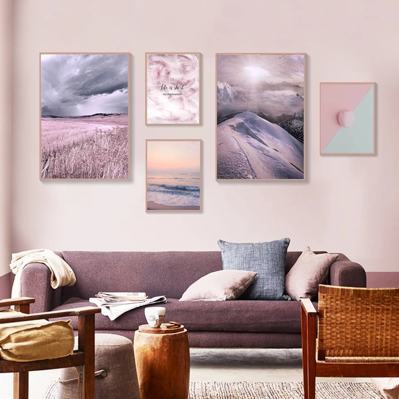 Скандинавское Розовое Перо Пляжный Пейзаж тюльпан поле холст украшение живопись