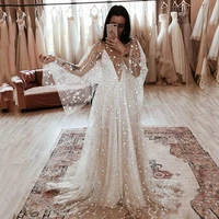 glitter star a line wedding dresses cape deep v neck sexy backless bohemian bridal gowns long sleeve beach party robe new design