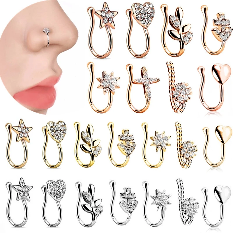

1Pc Stainless Steel Heart Clip On Nose Ring Star Fake Nose Piercing Clip On Cross Nose Clip Fake Jewelry Faux Piercing