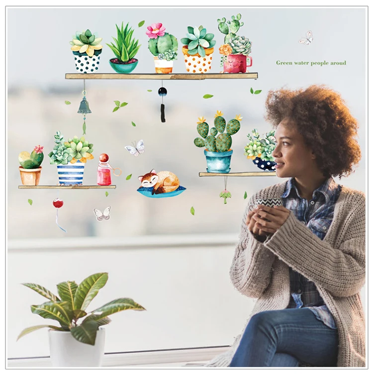 

Fairy Wind Cactus Potted Living Room Bedroom Wardrobe Porch Background Self-adhesive Wall Stickers Gift
