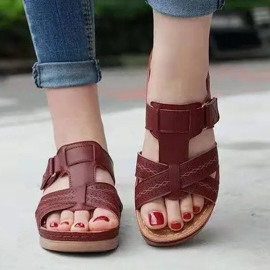 

Женские босоножки из ПУ кожи, на танкетке, повседневные Мягкие Нескользящие сандалии больших размеров, винтажные, 2021