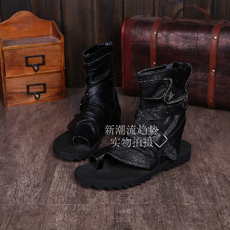 Мужские сандалии гладиаторы из натуральной кожи короткие босоножки с кружевом